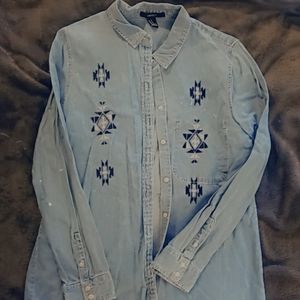 Denim button down with blue tribal detailing